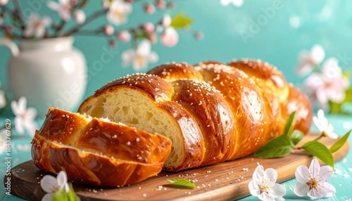 Close-up of freshly baked challah bread with spring floral arrangements on a wooden board