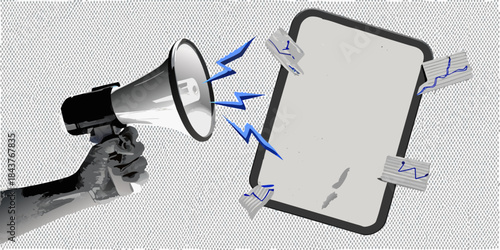 A hand holds a megaphone projecting soundwaves toward a blank smartphone screen