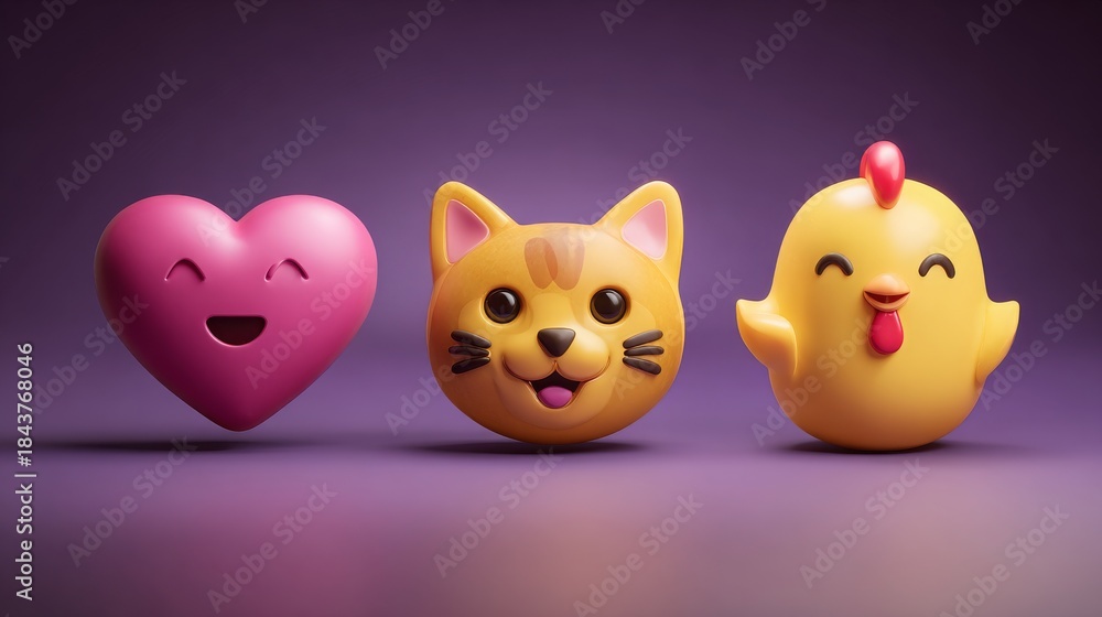 Fototapeta premium Set of three 3D emoji icons featuring heart, cat, and chicken.