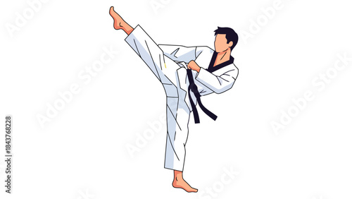 Martial Arts Practitioner Performing Karate Kick in Traditional Uniform