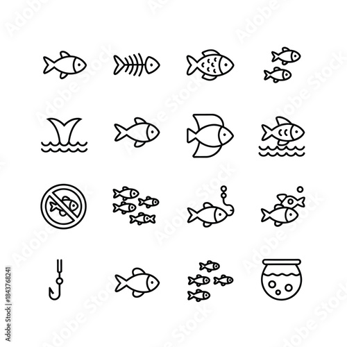 fish related icons thin vector icon set, featuring various fish shapes, aquatic symbols, and marine elements, presented in black and white for clean, versatile design use.