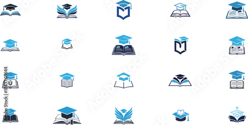 Education and Study Line Icon Set with Graduation Cap and Open Book