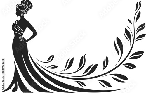 Black silhouette of a woman in a flowing gown with floral accents