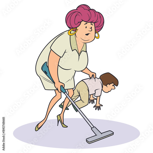 Funny woman pulling boy with vacuum.
