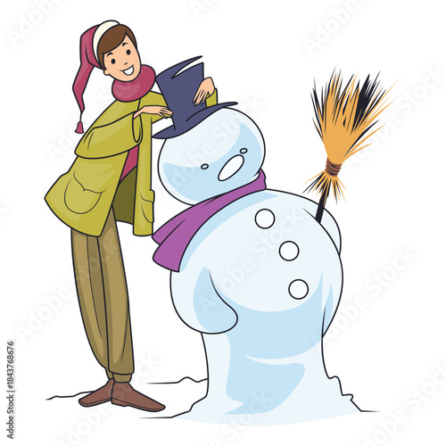 Amused woman builds funny snowman.