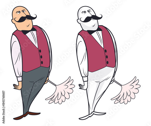 Dapper cartoon butler with duster.