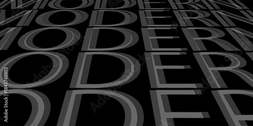 Latar belakang hitam dengan teks acak dan tipografi yang berubah-ubah, komposisi dinamis komunikasi abstrak dan desain kacau dan terenkripsi dalam kekacauan tipografi huruf-huruf yang tak terduga.