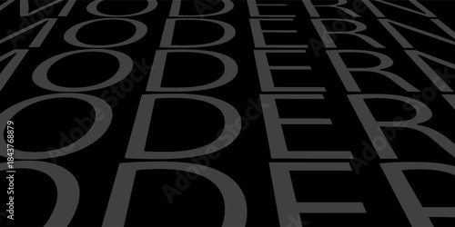 Latar belakang hitam dengan teks acak dan tipografi yang berubah-ubah, komposisi dinamis komunikasi abstrak dan desain kacau dan terenkripsi dalam kekacauan tipografi huruf-huruf yang tak terduga.