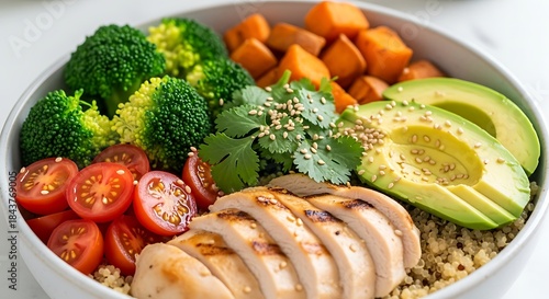 Healthy and Vibrant Chicken Power Bowl with Fresh Vegetables.