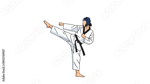 Young Female Martial Artist in Karate Uniform Performing a Kick