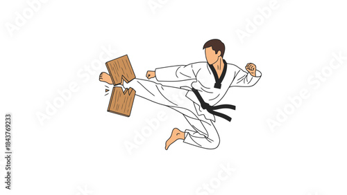 Martial Arts Fighter Kicking with Wooden Boards in Action