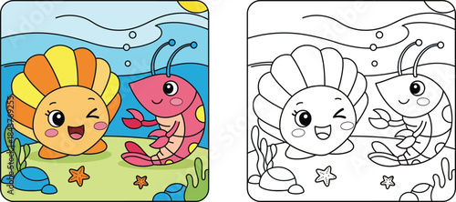 Cute cartoon scallop shell and pink shrimp friend characters smiling underwater vector illustration for kids ocean theme design
