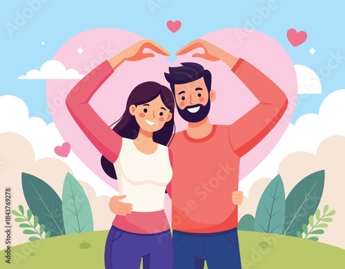 A young man and young woman in casual clothing are hugging and making heart shape gesture with arms in a field. Concept of love, affection, respect, kindness, relationship and friendship.