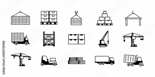 Shipping and Logistics Icons Cranes, Trucks, Pallets, and Containers for Global Trade and Supply Chain Management
