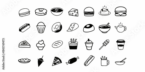 Collection of Delicious Food and Drink Icons Representing Various Mealtime Delights and Culinary Treats