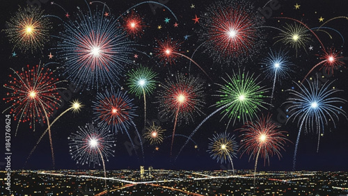 Vibrant fireworks display over a cityscape at night with colorful explosions