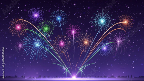 Vibrant fireworks exploding in the night sky with colorful lights and stars