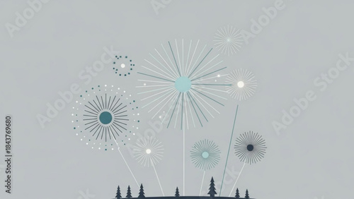 Dandelion flowers in various stages of blowing in the wind with trees