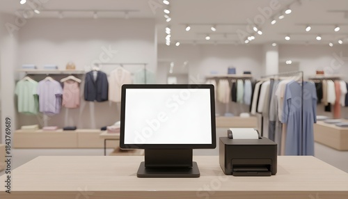 Cash register and receipt printer on a counter in a modern clothing store blank screen for copyspace retail point of sale system