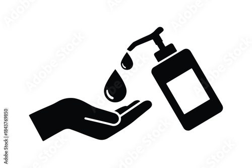 Hand sanitizer dispensing into a hand a black and white illustration