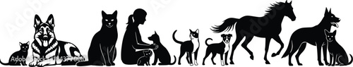 Set of domestic animals and pet silhouettes, dogs, cats, German Shepherd, horse, and woman with kitten, vector collection