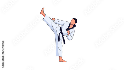 Female martial artist executing a high kick in traditional gis during training