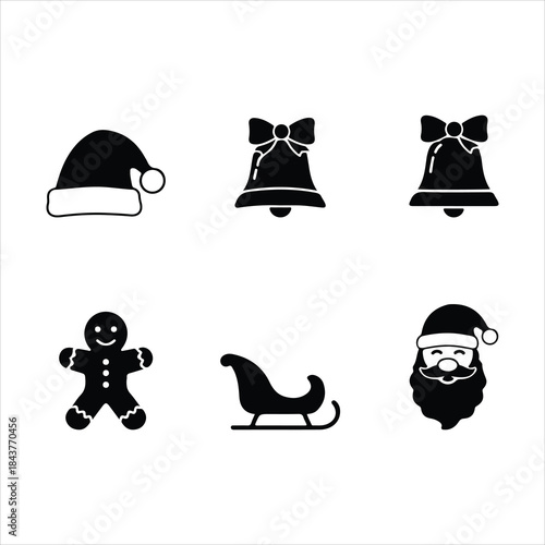 Festive christmas icons santa hat bells gingerbread man sled and beard