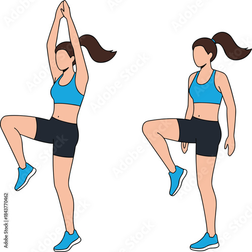 Set of fitness illustrations featuring a woman performing exercises like leg raises, a high kick, and a side plank for core strength and lower body conditioning.