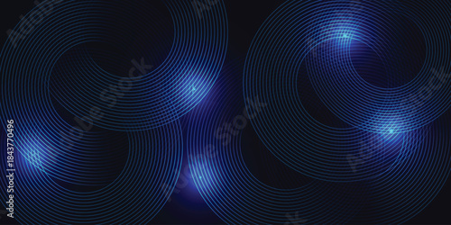 Blue abstract background with glowing circles. Swirl circular lines pattern.  Twirl elementVector Illustration art  line Futuristic concept. Horizontal banner template.