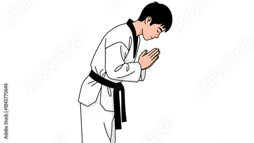 Martial arts practitioner in traditional uniform performing a bow