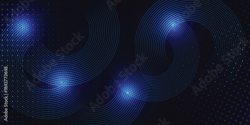 Blue abstract background with glowing circles. Swirl circular lines pattern.  Twirl element. in Vector Illustration art  line Futuristic concept. Horizontal banner template.