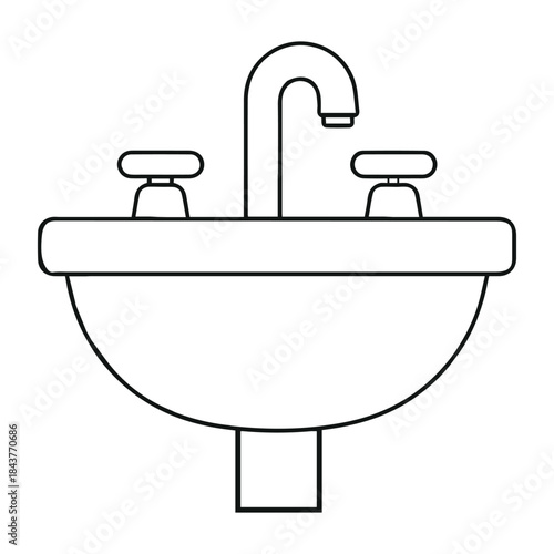 Simple line drawing of a bathroom sink with two handles and faucet