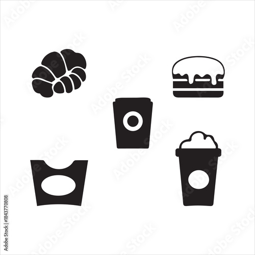 Simple black and white icons depicting a croissant burger drink and dessert