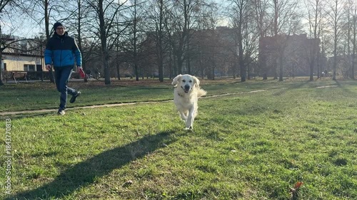 Man running with a happy golden retriever dog in park