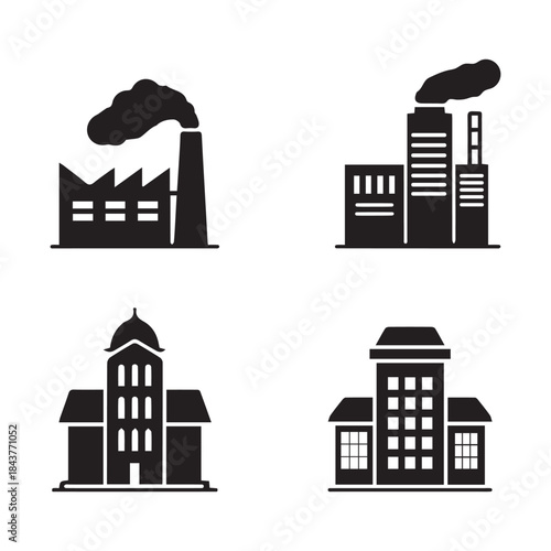 Industrial buildings and city structures depicted in a minimalist black and white style