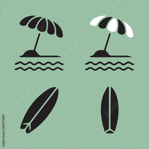 Minimalist beach scene featuring umbrellas surfboards and wavy water elements