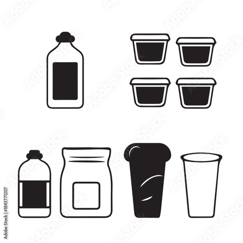 Simple black and white line drawing of various food containers and bottles