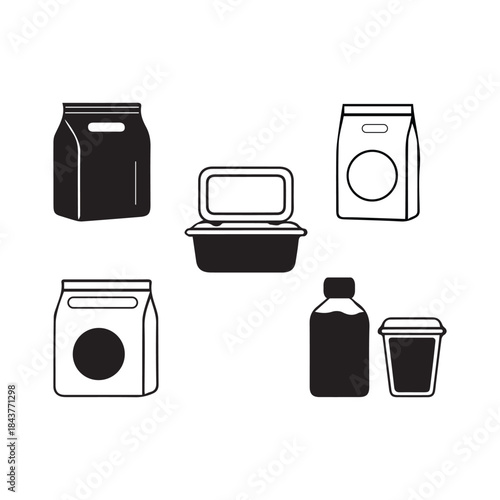 Simple black and white illustration of various food packaging containers