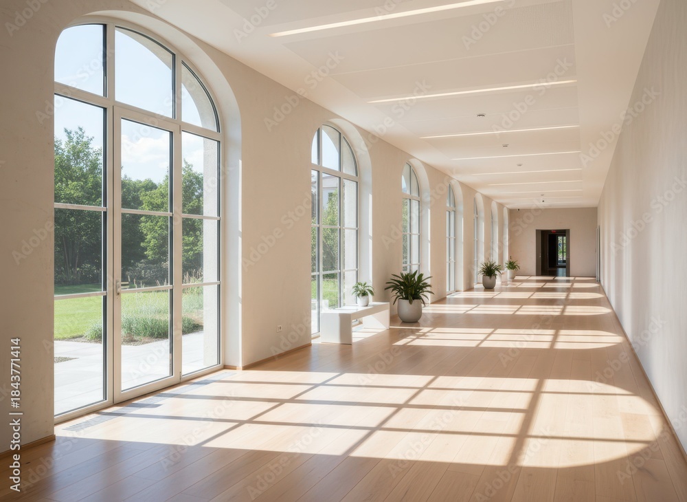 Fototapeta premium Bright and airy hallway with large windows and modern architecture