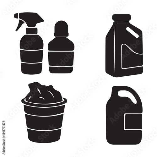 Cleaning supplies including spray bottles jugs bucket and cleaning solutions