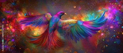 Celestial Phoenix with Iridescent Plumage Soaring Through a Vibrant Cosmic Nebula