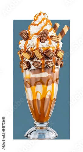 Delicious Caramel Sundae with Whipped Cream and Toppings in a Glass.