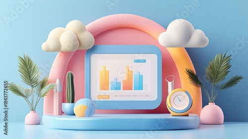 Charming Pastel 3D Business Analytics Display with Bar Chart, Clouds, and Podium