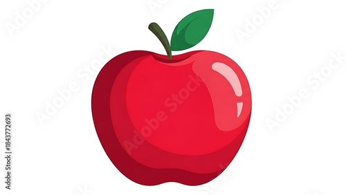 A simple illustration of a bright red apple with a green leaf and stem on a white background