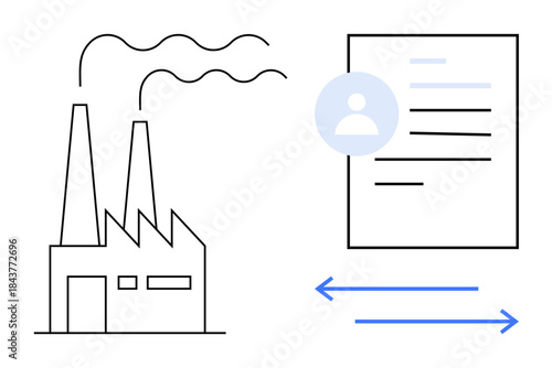 Sustainability, industry, digital communication, data exchange, environmental responsibility, process management. Factory emitting smoke beside a digital document. Sustainability and industry