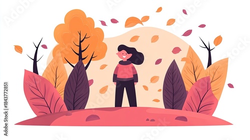 Cheerful Autumn Scene: Smiling Girl Amidst Falling Leaves and Colorful Foliage