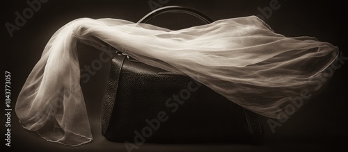 Chiaroscuro Elegance: Textured Black Leather Handbag Draped with Flowing Sheer Scarf
