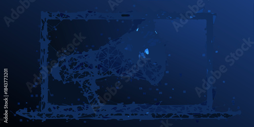 Abstract blue digital artwork depicting a laptop with fractured screen effect