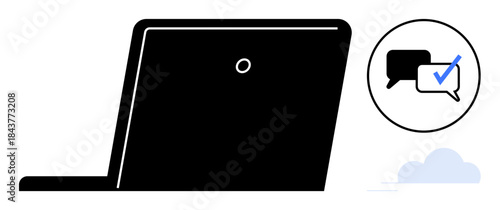 Black laptop with speech bubble dialog featuring a checkmark, symbolizing digital communication, online workflows, and task confirmation. Ideal for productivity, collaboration, remote work, messaging