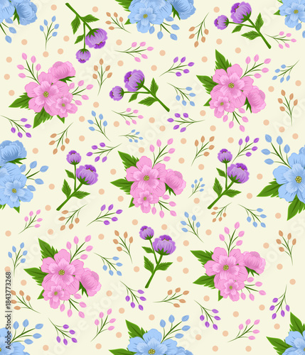Hand drawn floral seamless pattern with a charming ditsy, soft, pastel, and nostalgic, Cottage Core Pastel shade, perfect for textiles, wallpaper, wrapping paper, and romantic vintage-inspired decor